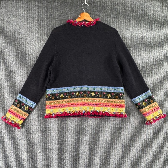 Ann Trinity Womens L Black Cardigan Sweater Boho‎ Embroidered Fringe Whimsigoth - Picture 7 of 11